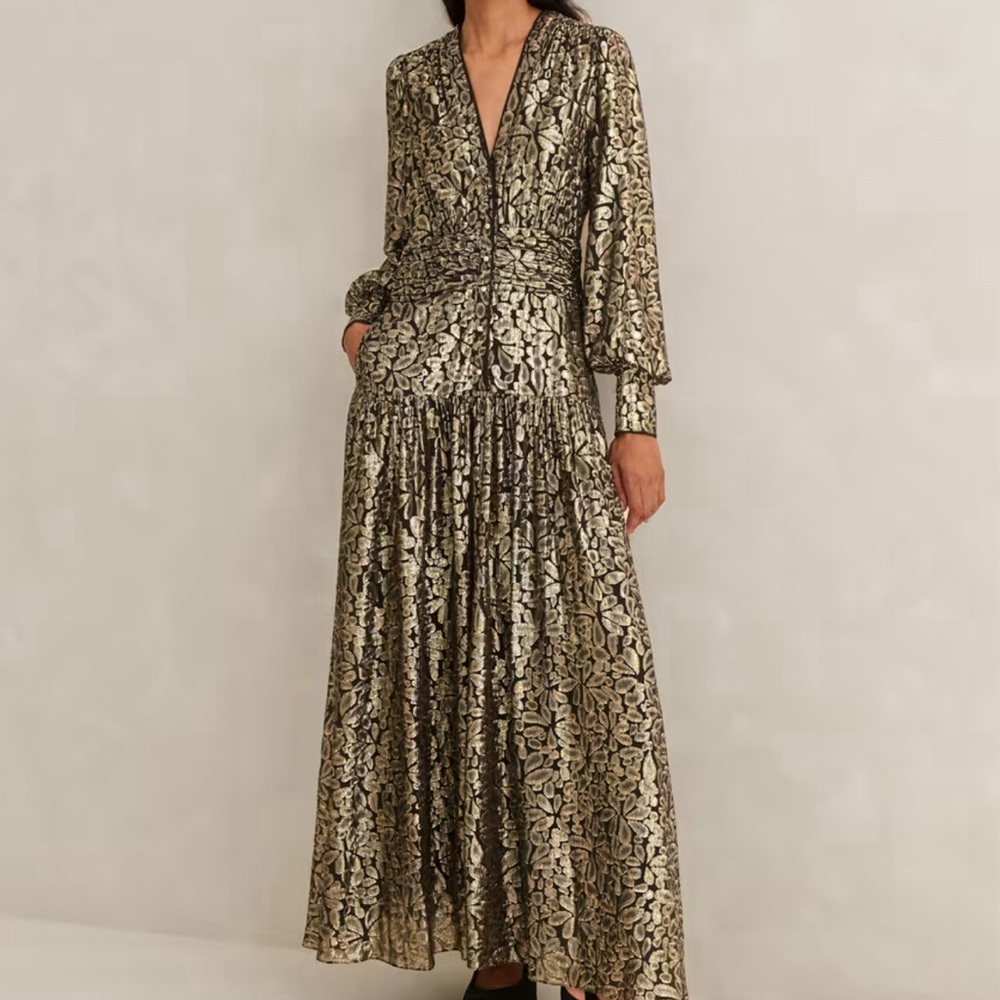 ME + EM Silk Flower Lamé Dress + Belt | Silk-metallic Lurex | Size 6